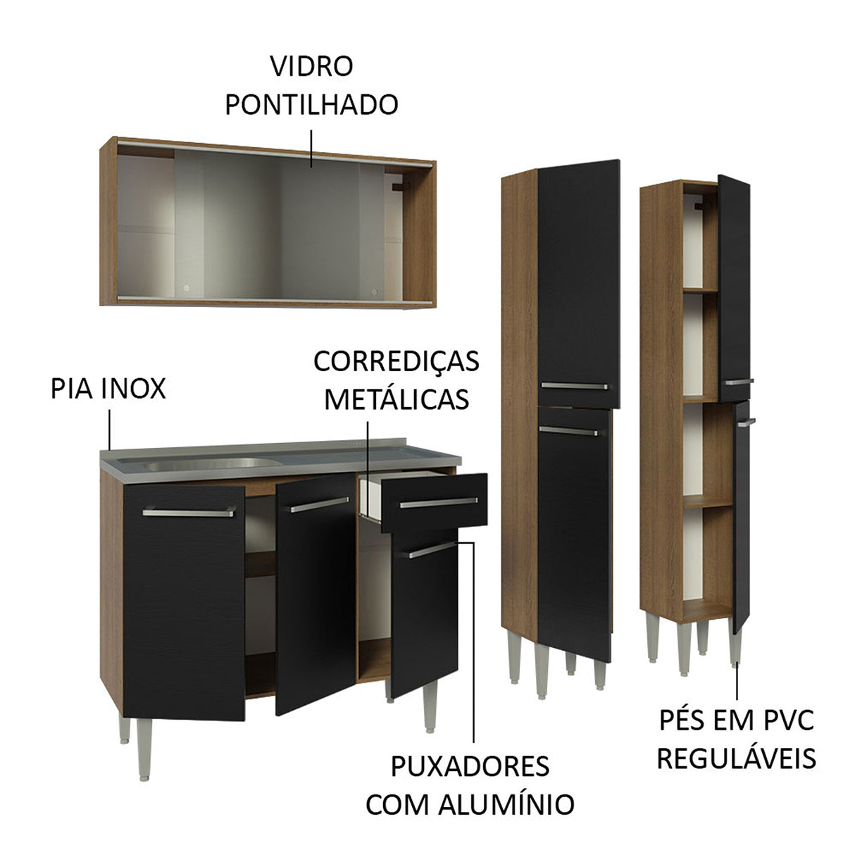 Cocina Integral Emilly 169x186 Marrón y Negro MDP Duradero - COCINAS | Bylmo