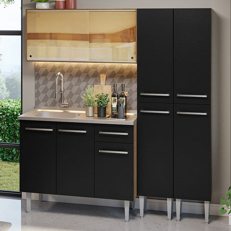 Cocina Integral Emilly 169x186 Marrón y Negro MDP Resistente al agua y al calor Incluye meson de acero inoxidable y pozuelo Moderno - COCINAS | Bylmo