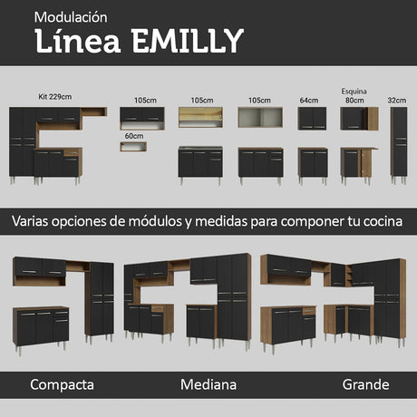 Cocina Integral Emilly 169x186 Marrón y Negro Moderna y Duradera - COCINAS | Bylmo