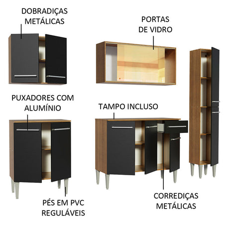 Cocina Integral Emilly West Marron y Negro 201x186cm con Mesón y sin Pozuelo - COCINAS | Bylmo