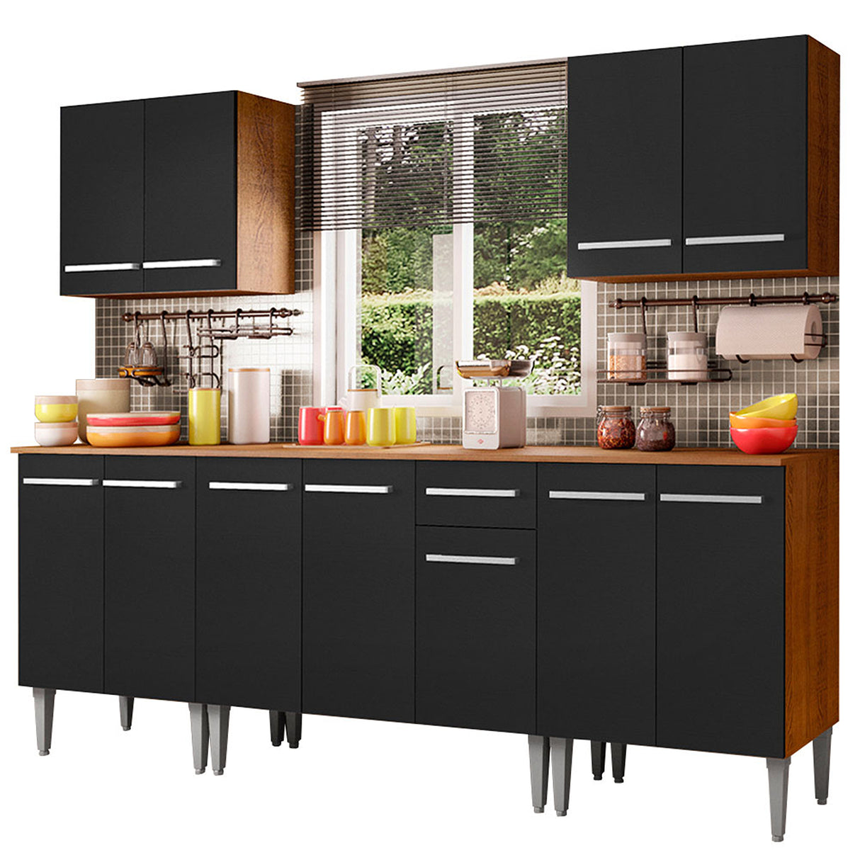 Cocina Integral Emilly King Marron y Negro 233x186cm con Mesón y sin Pozuelo - COCINAS | Bylmo