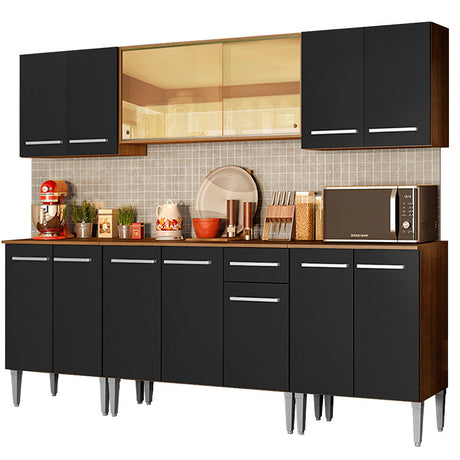 Cocina Integral Emilly Fire Marron y Negro 233x186cm con Mesón y sin Pozuelo - COCINAS | Bylmo