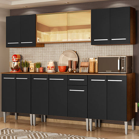 Cocina Integral Emilly Fire Marron y Negro 233x186cm con Mesón y sin Pozuelo - COCINAS | Bylmo