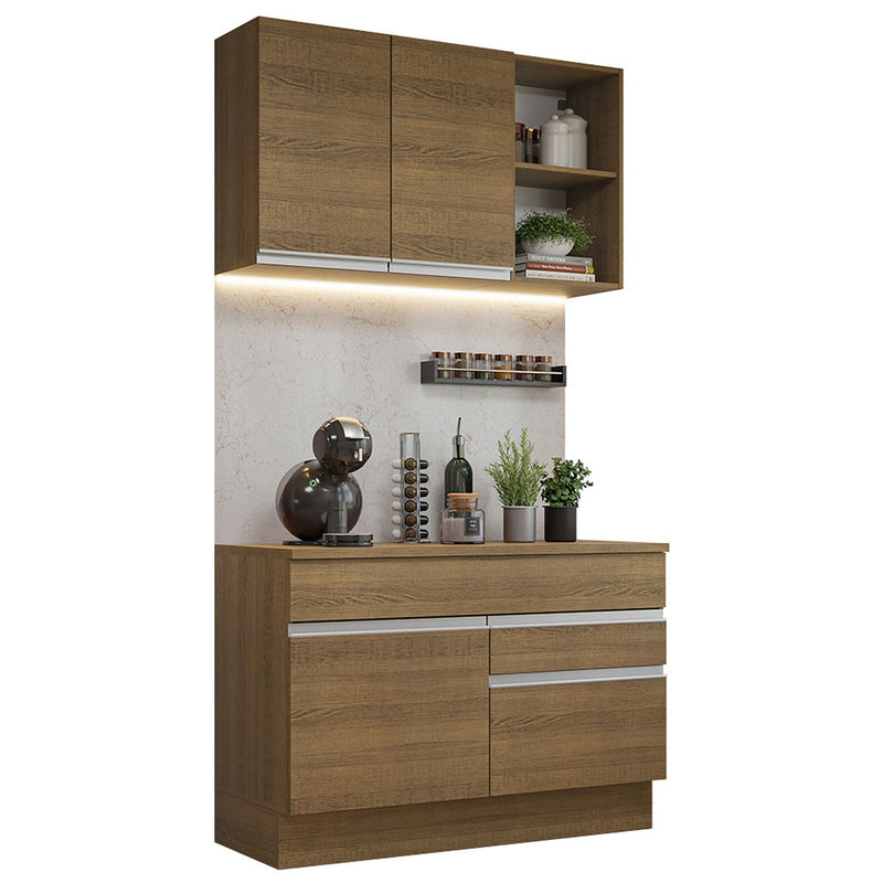 Cocina Integral Glamy Marron 120x225cm Con Mesón Y Sin Pozuelo