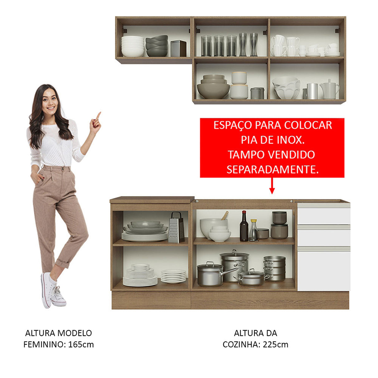 Cocina Integral Glamy 180x52 Marrón y Blanco Funcional Moderna Modular - COCINAS | Bylmo