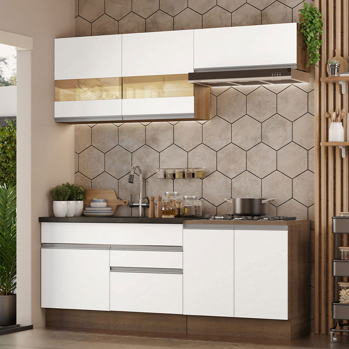 Cocina Integral Glamy Marron y Blanco 200x225cm con Mesón y sin Pozuelo - COCINAS | Bylmo
