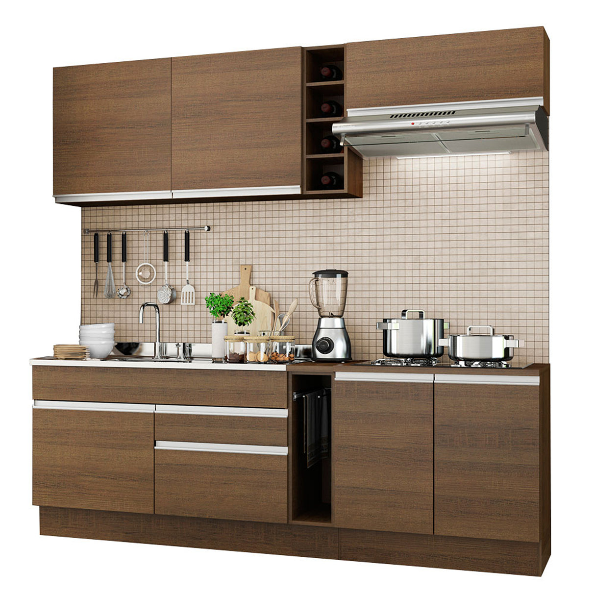 Cocina Integral Parma 220x52x225cm Moderna MDP 6 puertas 2 cajóns 8 entrepaños cierre suave botellero. - COCINAS | Bylmo