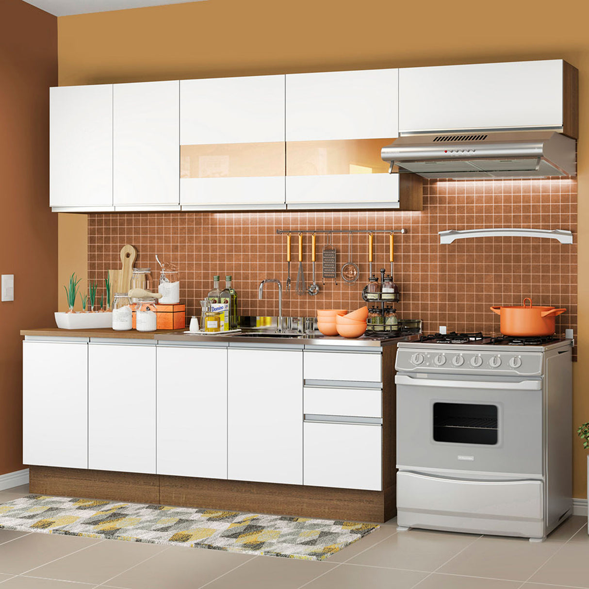 Cocina Integral Marcela Glamy Marron y Blanco 280x225cm con Mesón y sin Pozuelo - COCINAS | Bylmo