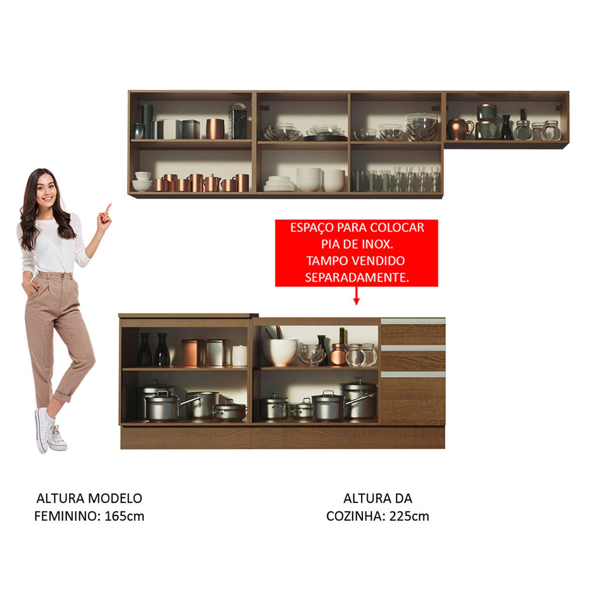 Cocina Integral Marcela Glamy Marron 280x225cm con Mesón sin Pozuelo y Tres Cajones - COCINAS | Bylmo