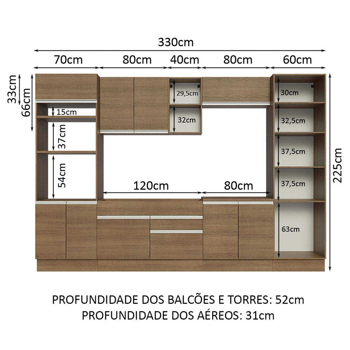 Cocina Integral Glamy Marron 330x225cm con Mesón y sin Pozuelo - COCINAS | Bylmo