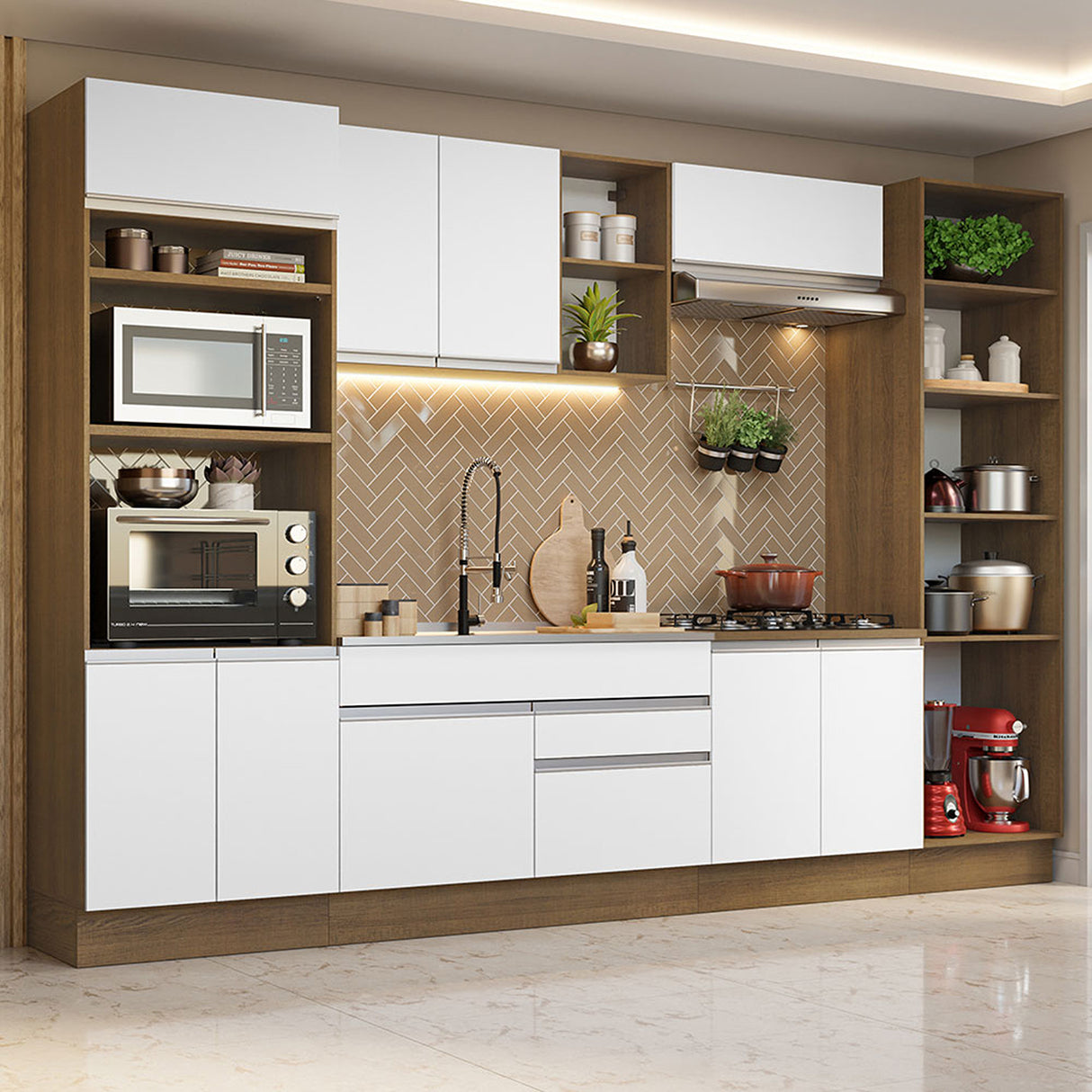 Cocina Integral Glamy Marron y Blanco 330x225cm con Mesón y sin Pozuelo - COCINAS | Bylmo