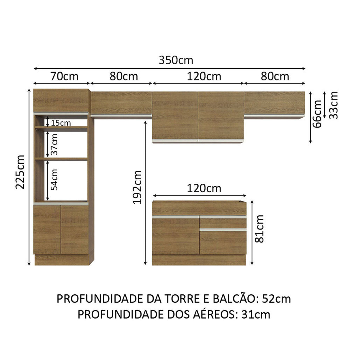 Cocina Integral Glamy Marron 350x225cm con Mesón y sin Pozuelo - COCINAS | Bylmo