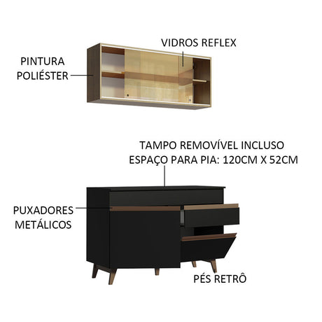 Cocina Integral Reims Negro y Marron 120x210cm con Mesón y sin Pozuelo - COCINAS | Bylmo