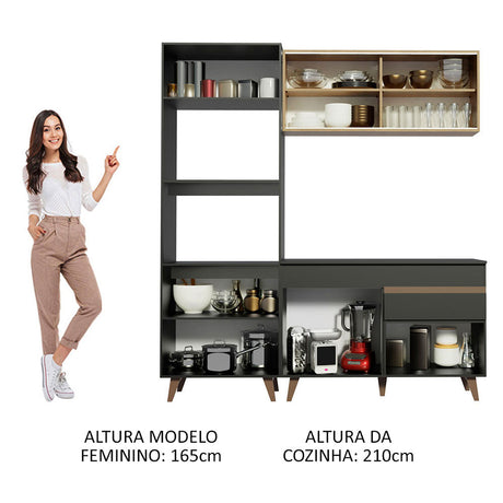 Cocina Integral Reims Negro y Marron 190x210cm con Mesón y sin Pozuelo - COCINAS | Bylmo