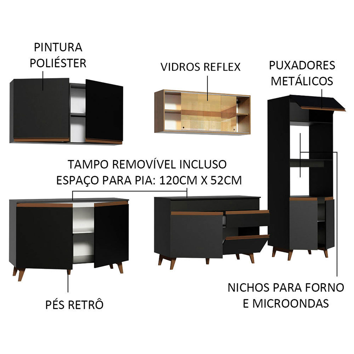Cocina Integral Reims Negro y Marron 310x210cm con Mesón y sin Pozuelo - COCINAS | Bylmo