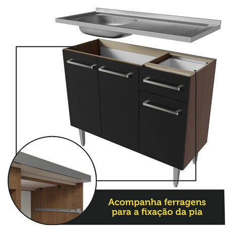 Mueble Inferior de Cocina Emily Marron y Negro 105x91cm con Mesón de Acero Inoxidable - MUEBLES INFERIORES DE COCINA | Bylmo
