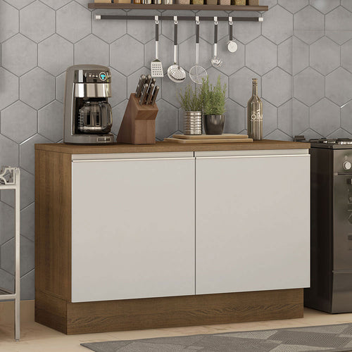 Mueble Inferior De Cocina Glamy Marron Y Blanco 120x84cm Con Mesón De Madera Y Dos Puertas