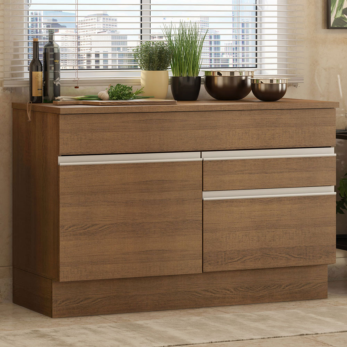 Mueble Inferior de Cocina Glamy Marron 120x84cm con Mesón de Madera y Dos Puertas y un Cajón - MUEBLES INFERIORES DE COCINA | Bylmo