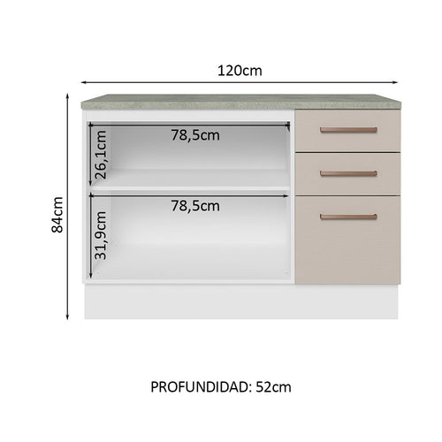 Mueble Inferior De Cocina Agata Blanco Y Crema 120x84cm Con Mesón De Madera