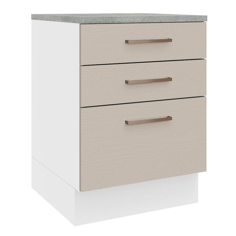 Mueble Inferior de Cocina Agata Blanco y Crema 60x84cm con Mesón de Madera y Tres Cajones - MUEBLES INFERIORES DE COCINA | Bylmo