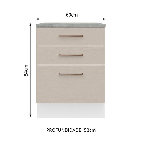 Mueble Inferior de Cocina Agata Blanco y Crema 60x84cm con Mesón de Madera y Tres Cajones - MUEBLES INFERIORES DE COCINA | Bylmo