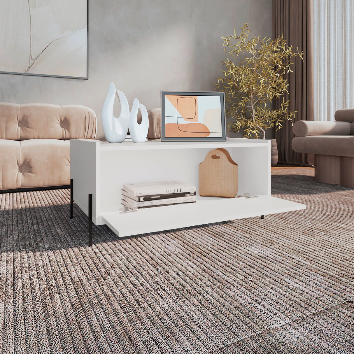 Mesa de Centro Shanghai Blanco 84.2x39.5cm Rectangular con Patas y con Compartimiento - MESAS DE CENTRO | Bylmo