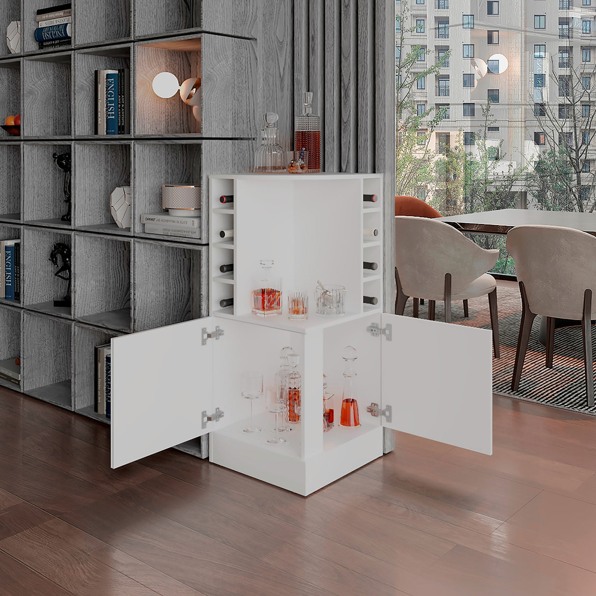 Bar Esquinero Jakes Blanco 46.9x108cm con Ocho Portabotellas y Cuatro Compartimientos - BARES | Bylmo