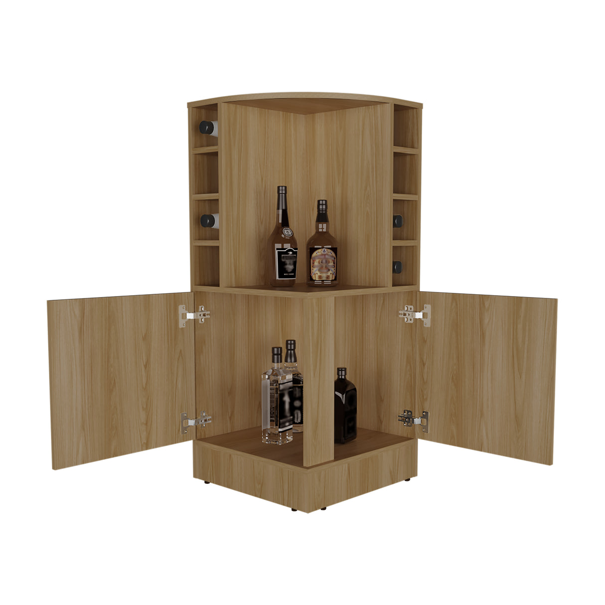Bar Esquinero Jakes Fresno Europeo 46.9x108cm con Ocho Portabotellas y Cuatro Compartimientos - BARES | Bylmo