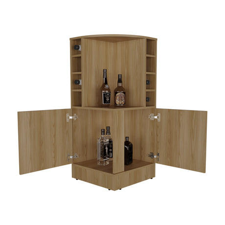 Bar Esquinero Jakes Fresno Europeo 46.9x108cm con Ocho Portabotellas y Cuatro Compartimientos - BARES | Bylmo