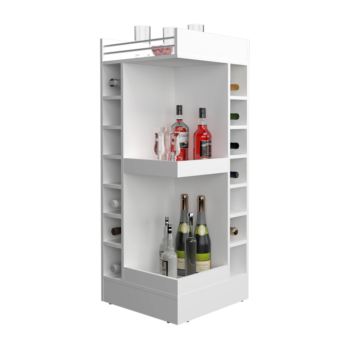 Bar Esquinero Lyman Blanco 46.6x116cm con Catorce Portabotellas y Tres Compartimientos - BARES | Bylmo
