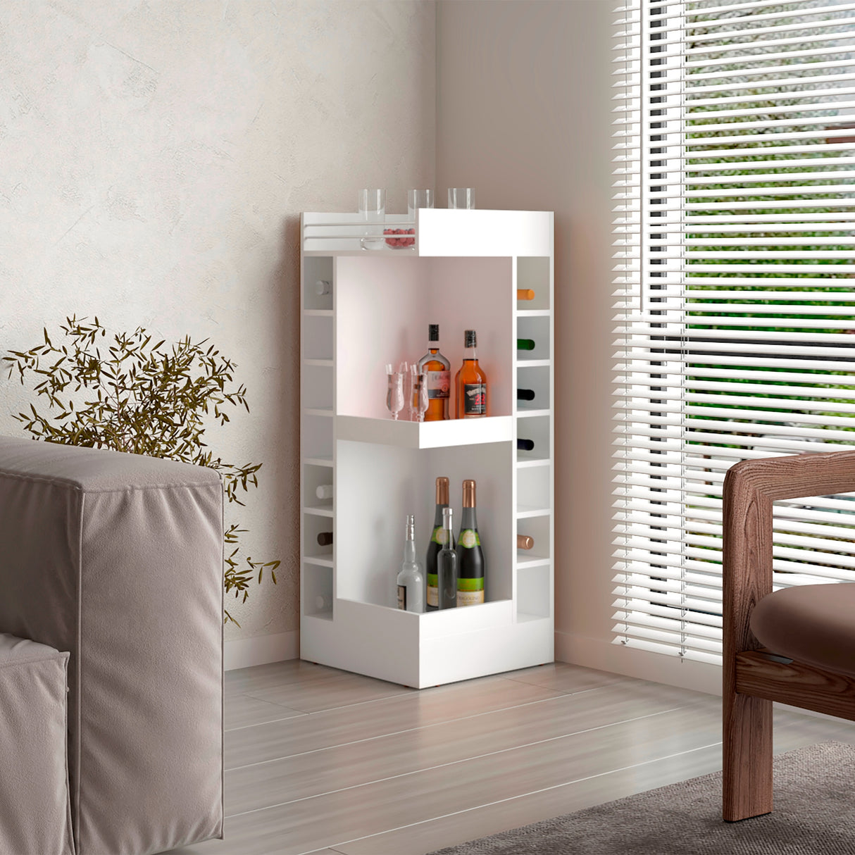 Bar Esquinero Lyman Blanco 46.6x116cm con Catorce Portabotellas y Tres Compartimientos - BARES | Bylmo