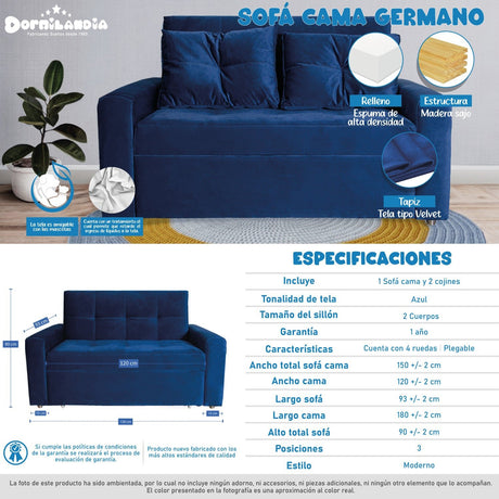 Sofá Cama Germano Azul 150x90cm Reclinable con Dos Cojines decorativos - SOFAS Y POLTRONAS | Bylmo
