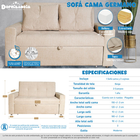 Sofá Cama Germano Beige 150x90cm Reclinable con Dos Cojines decorativos - SOFAS Y POLTRONAS | Bylmo