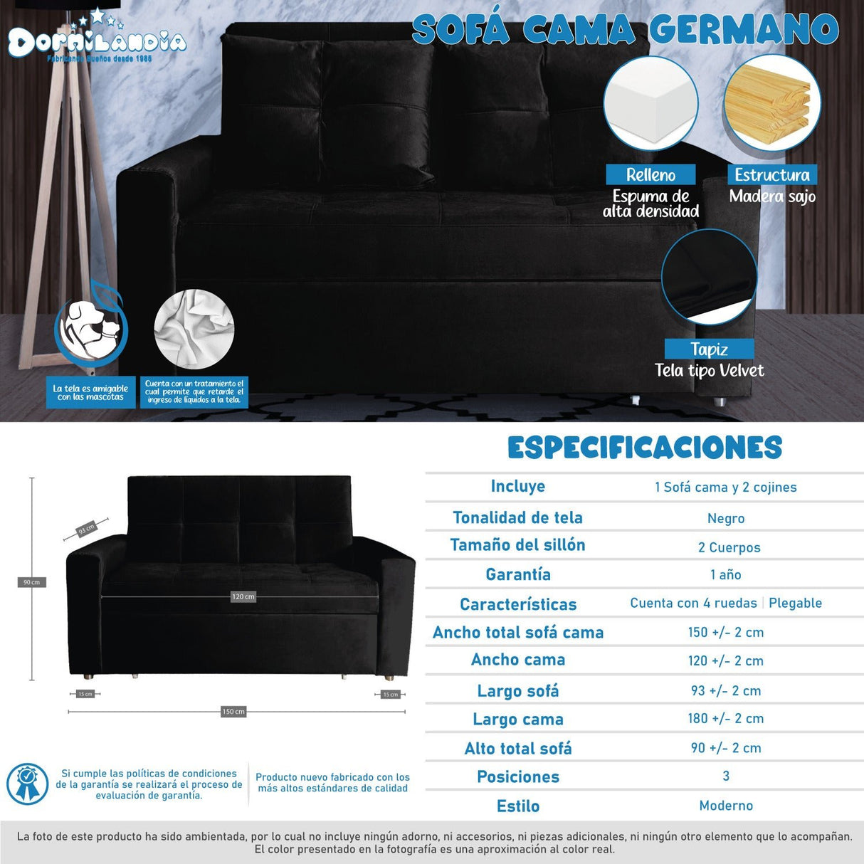 Sofá Cama Germano Negro 150x90cm Reclinable con Dos Cojines decorativos - SOFAS Y POLTRONAS | Bylmo