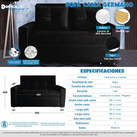 Sofá Cama Germano Negro 150x90cm Reclinable con Dos Cojines decorativos - SOFAS Y POLTRONAS | Bylmo