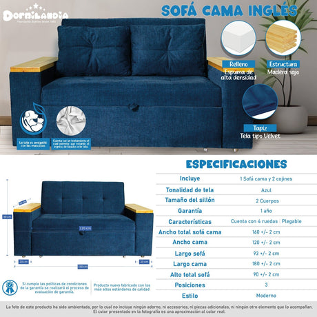 Sofá Cama Ingles Azul 160x90cm Reclinable con Dos Cojines decorativos - SOFAS Y POLTRONAS | Bylmo