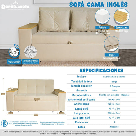 Sofá Cama Ingles Beige 160x90cm Reclinable con Dos Cojines decorativos - SOFAS Y POLTRONAS | Bylmo