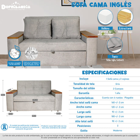 Sofá Cama Ingles Gris 160x90cm Reclinable con Dos Cojines decorativos - SOFAS Y POLTRONAS | Bylmo