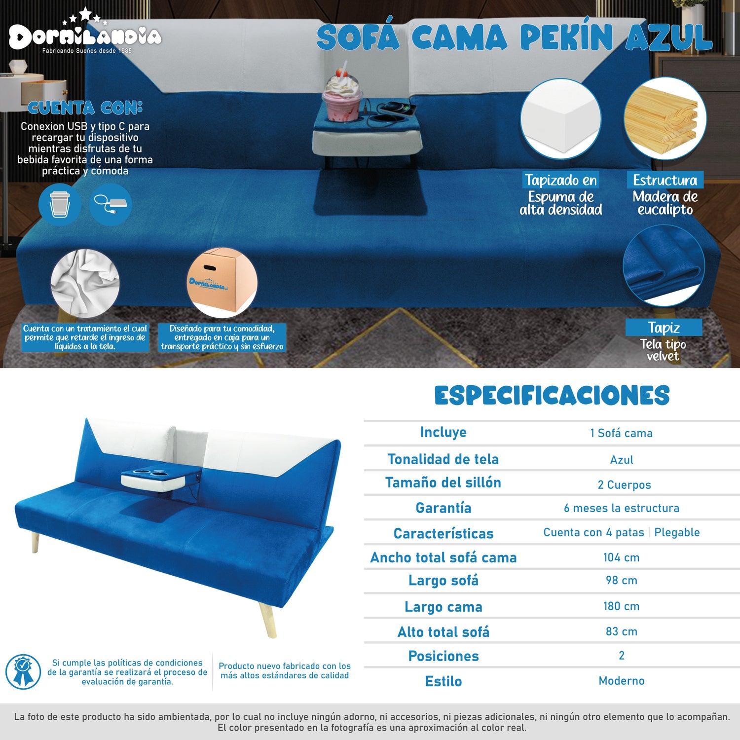 Sofá Cama Pekín Azul y Beige 104x83cm con Portavasos y Conexión USB y Tipo C - SOFAS Y POLTRONAS | Bylmo
