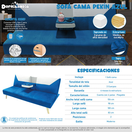 Sofá Cama Pekín Azul y Beige 104x83cm con Portavasos y Conexión USB y Tipo C - SOFAS Y POLTRONAS | Bylmo