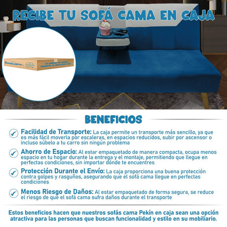 Sofá Cama Pekín Azul y Beige 104x83cm con Portavasos y Conexión USB y Tipo C - SOFAS Y POLTRONAS | Bylmo