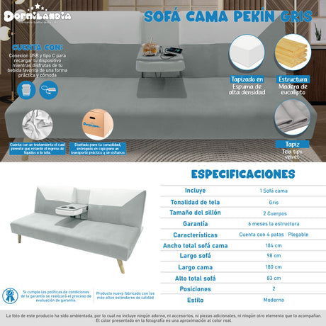 Sofá Cama Pekín Gris y Beige 104x83cm con Portavasos y Conexión USB y Tipo C - SOFAS Y POLTRONAS | Bylmo