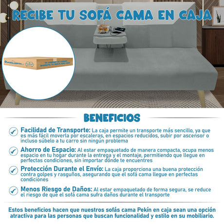 Sofá Cama Pekín Gris y Beige 104x83cm con Portavasos y Conexión USB y Tipo C - SOFAS Y POLTRONAS | Bylmo