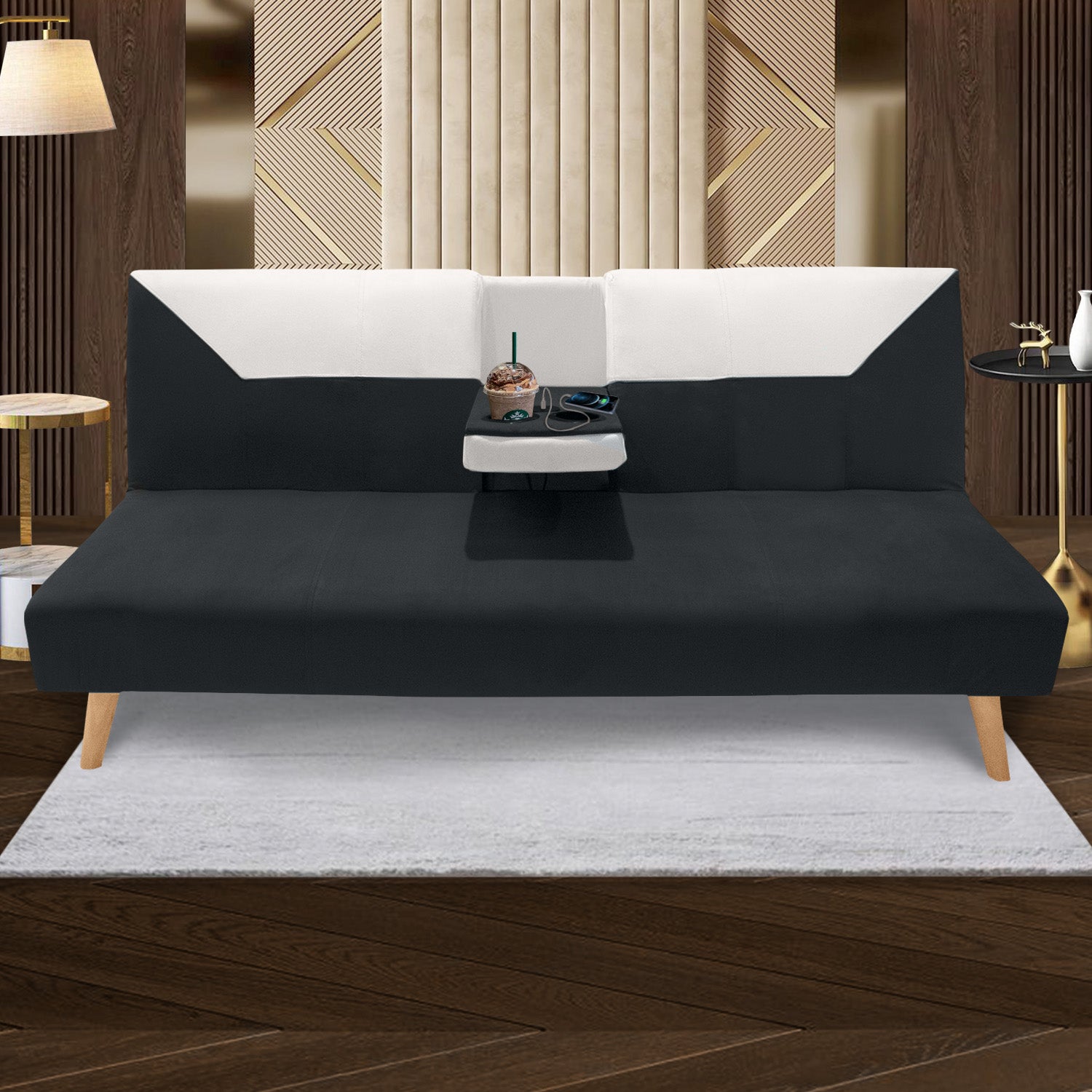 Sofá Cama Pekín Negro y Beige 104x83cm con Portavasos y Conexión USB y Tipo C - SOFAS Y POLTRONAS | Bylmo
