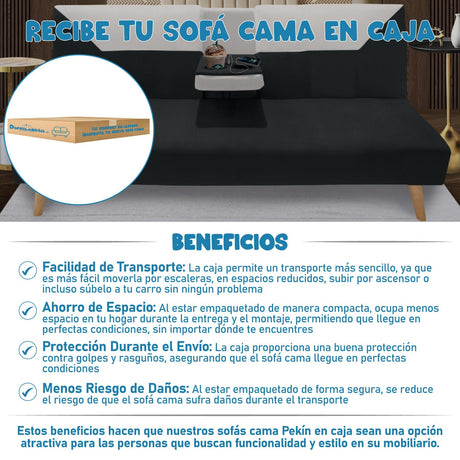 Sofá Cama Pekín Negro y Beige 104x83cm con Portavasos y Conexión USB y Tipo C - SOFAS Y POLTRONAS | Bylmo