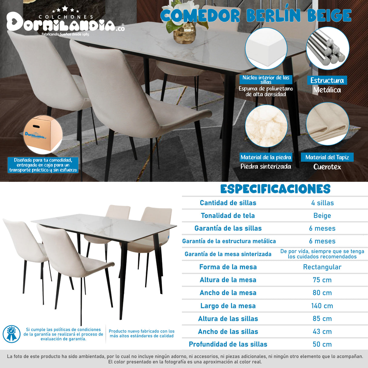 Comedor Berlín Beige 80x75cm Rectangular de Cuatro Puestos con Cuatro Sillas - COMEDORES | Bylmo