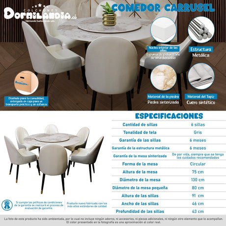 Comedor Carrusel Gris 130x75cm Circular de Seis Puestos con Seis Sillas - COMEDORES | Bylmo