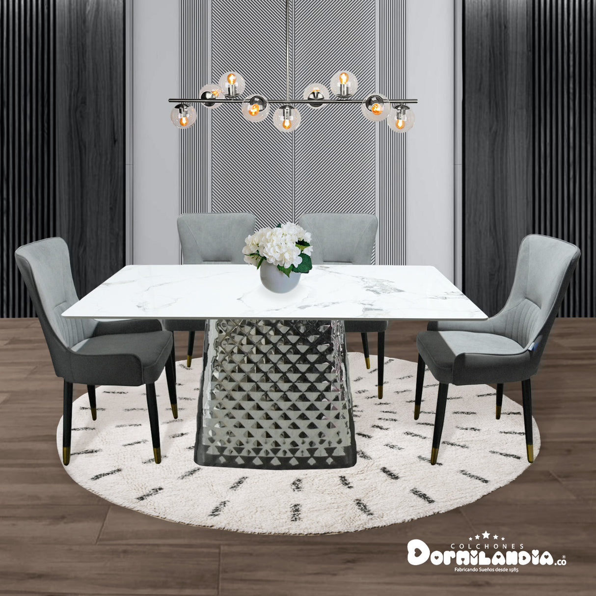 Comedor Dubái Gris 80x75cm Rectangular de Cuatro Puestos con Cuatro Sillas - COMEDORES | Bylmo