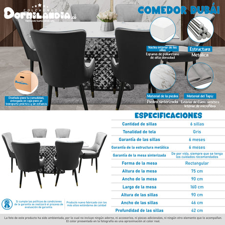 Comedor Dubái Gris 90x75cm Rectangular de Seis Puestos con Seis Sillas - COMEDORES | Bylmo