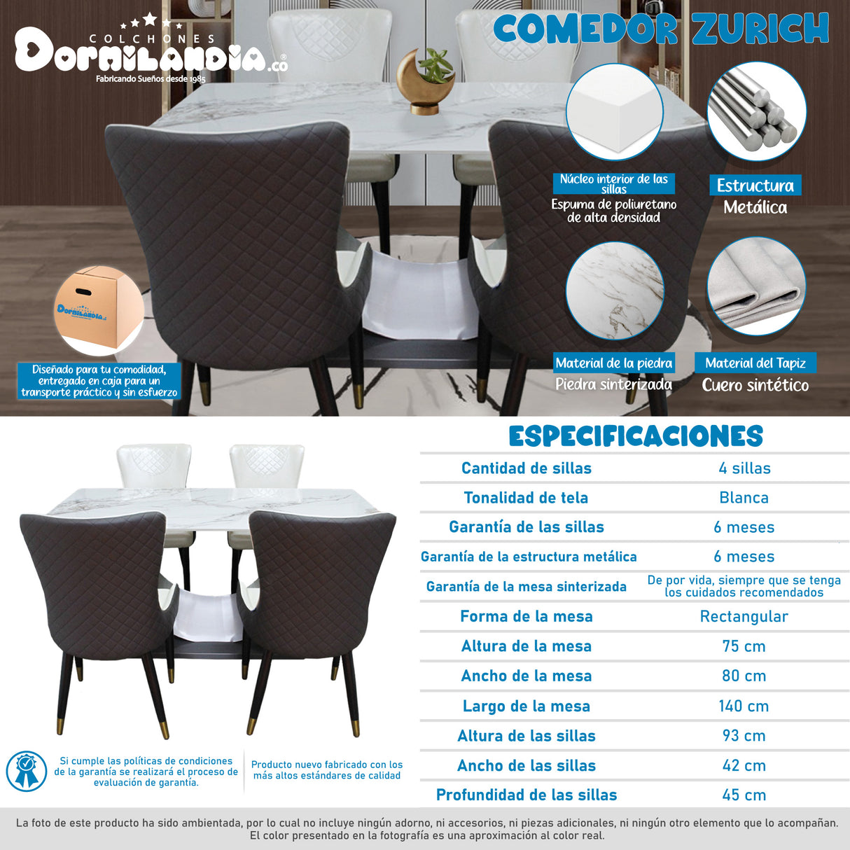 Comedor Zurich Blanco 80x75cm Rectangular de Cuatro Puestos con Cuatro Sillas - COMEDORES | Bylmo